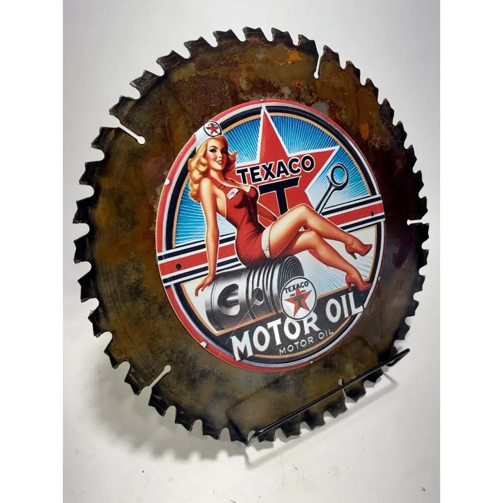 Texaco Saw Blade Wall Art Handcrafted Timber & Tarnish One Of A Kind Gas Decor